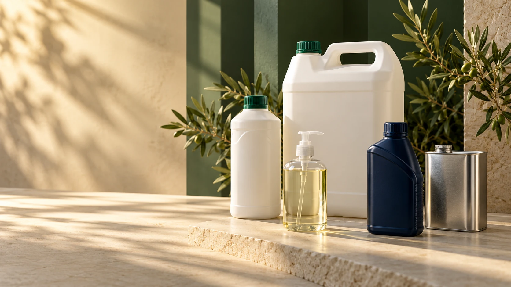 Illustrative collection of chemical-product containers in a green and warm-white setting